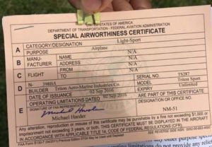 Skytrek's FAA Special Airworthness certificate